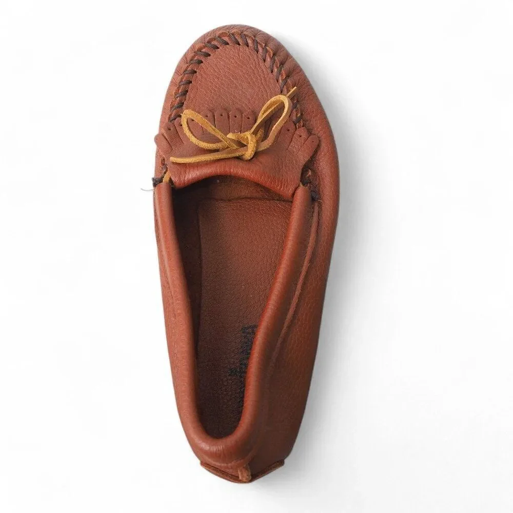 Minnetonka Deerskin Kilty Moc Toe Slip-on Loafers Carmel Brown 232116 Women's 10